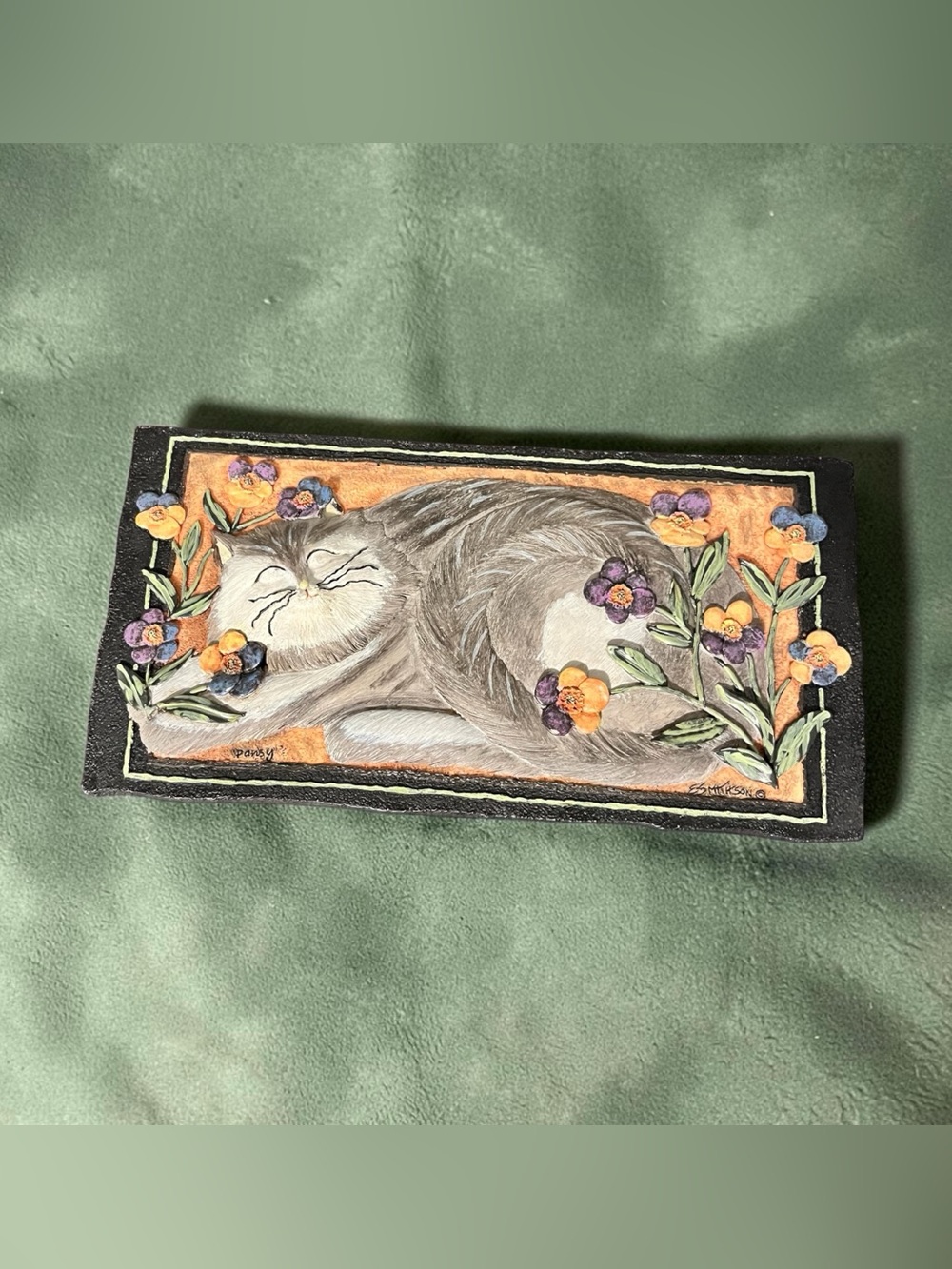 Gray Sleeping Cat Wall Plaque with Purple and Orange Flowers